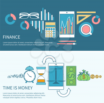 Time is money and finance concept smartphone with scales and business icons in flat design