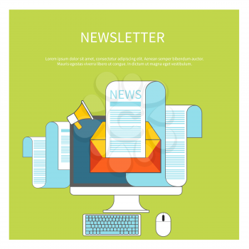 Web contact and business newsletter concept with an email envelope and newspaper. Regularly distributed news publication via e-mail with some topics of interest to its subscribers