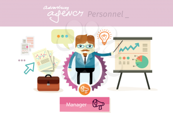 Manager profession. Man manager talking and holding a pointer and show graphs on tripod stand. Workplace office desk. Business man on presentation. Flat design illustration