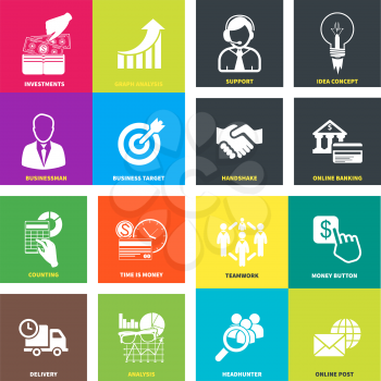 Set of business icons such as investments, graph analysis, businessman, business target, support, idea, handshake, online banking, counting, time is money, teamwork, money button, delivery, analysis, 