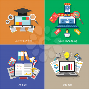 Flat design concept of learning online, online shopping, analize and business modern icons set on four multicolor banners