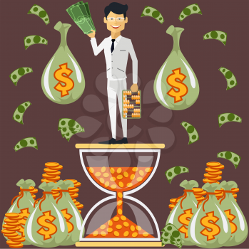 Smiling businessman standing on the hourglass in which coin holding dollars near bags of money. Winnings in lottery. Time is money concept. Flying around dollar notes cartoon flat design style