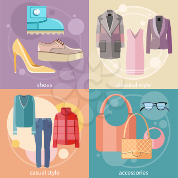 Fashion design clothes and accessories for woman decorative elements icons in flat design style on four multicolor banners