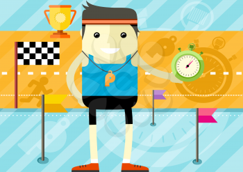 Coach man icon with whistle and stopwatch in hand in flat design