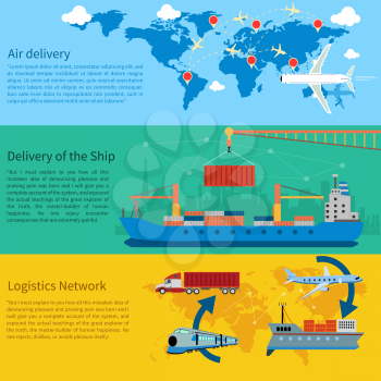 Air mail, delivery of the ship, maritime shipping and logistics network flat design concepts on banners. Shipping, delivery car, ship, plane transport on a background map of the world