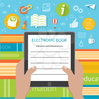 Stack of colorful books with electronic book reader at book store. Hands holding e-book cartoon flat design style
