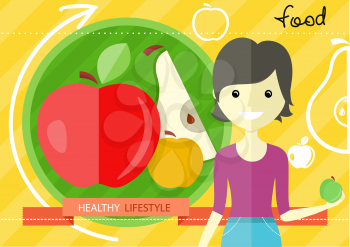 Healthy lifestyle concept with green and red paper apple form in flat design. Woman with apple in her hand