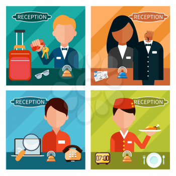 Set of reception character in different interactive places in hotel, restaurant, theater. Portrait of receptionist in flat design style on four banners 