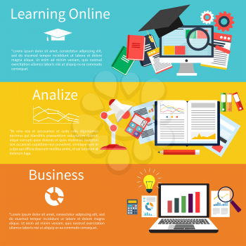 Flat design concept of learning online, analize and business modern icons set on four multicolor banners