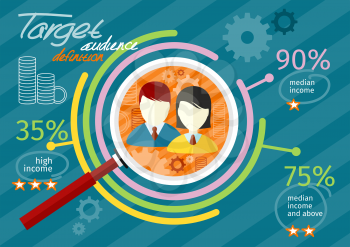 Target audience infographic with magnifying glass and man and woman icon inside chart. Income rating concept. Flat icon modern design style concept