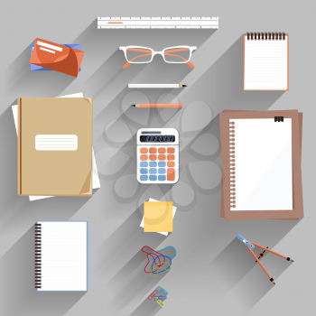 Calculator, ruler, book and paper page icon on an office desk. Flat icon modern design style concept 