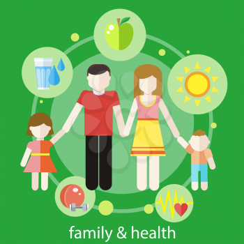 Set of healthy icons in flat design around famile. Healthy family concept