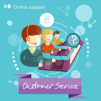 Customer service representative at computer in headset. Online support. Cartoon phone operator. Individual approach. Support centerand. Customer support interactivity in flat design concept