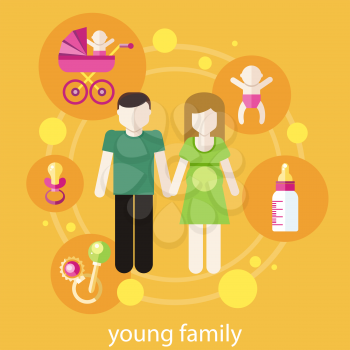 Set of icons in flat design around lovely young family