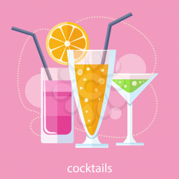 Cocktail drink fruit juice in flat design style. Retro style holiday cocktails. Set of alcoholic cocktails