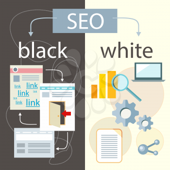 SEO optimization, programming process and web analytics elements in flat design. White hat and black hat search engine optimisation