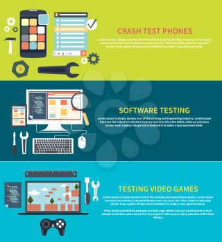Software development workflow process coding testing analysis concept banner in flat design. Testing video games. Game development concept with item icons. Repairing mobile phone concept. Crash test p
