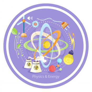 Science and physics energy icons set. Chemistry, physics, biology. Concept in flat design cartoon style on stylish background