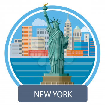 New york cityscape. Manhattan Skyline and Statue of Liberty, New York City. Poster concept in cartoon style with text