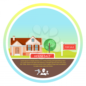 Sold home with for sale sign in front of beautiful new house. Concept in flat design cartoon style on stylish background