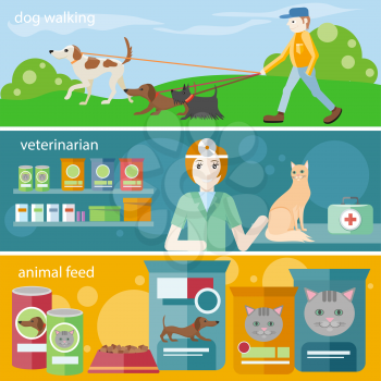 Profession concept with female veterinarian checking heartbeat of orange cat with stethoscope in vet clinic. Man walking with dogs on leash. Pet foods concept on banners in flat design