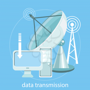 Digital concept of satellite dish transmission data. Wireless icons for wifi remote control access and radio communication. Concept in flat design style. For web banners, marketing and promotional mat