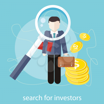 Investment analysis concept with magnifying glass and businessman with briefcase and dollar bills. Search for investors concept in flat design
