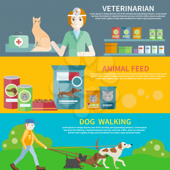 Profession concept with female veterinarian checking heartbeat of orange cat with stethoscope in vet clinic. Man walking with dogs on leash. Pet foods concept on banners in flat design
