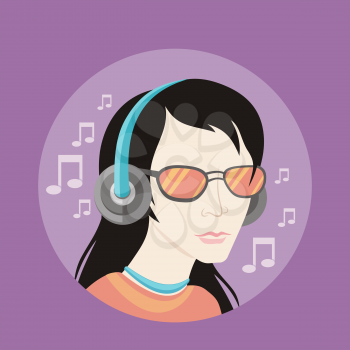 Man with glasses in headphones listening to music. Lifestyle concept in cartoon style