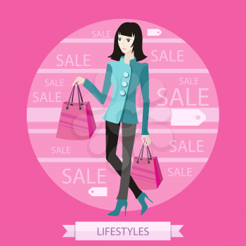 Beautiful woman with a lot of shopping bags. Lifestyle concept in cartoon style