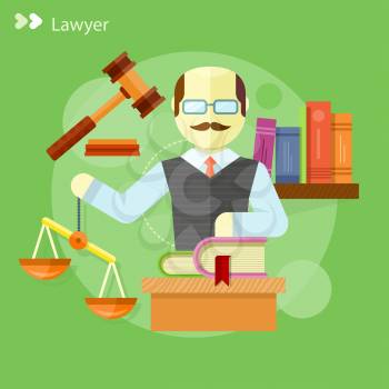 Man in court. Lawyer icons concept in flat design