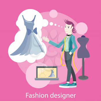 Fashion designer working on his designs in the studio. Concept in flat design style. Can be used for web banners, marketing and promotional materials, presentation templates