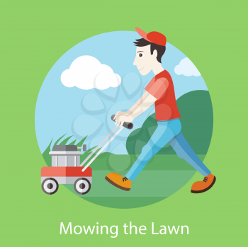 Man moves with lawnmower, mows green grass near house. Man in a red cap and T-shirt cutting grass in his garden yard with lawn mower in flat design