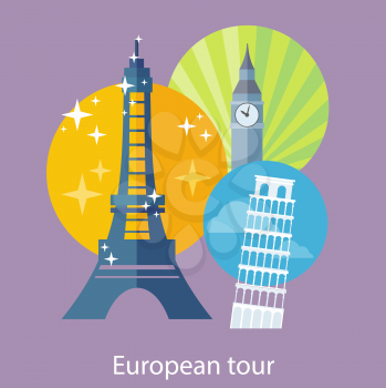 European traveling tour, touristic banner. Composition with famous european world landmarks icons. Can be used for web banners, marketing and promotional materials, presentation templates 