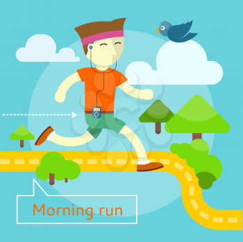 Happy young man on morning run in flat design. Can be used for web banners, marketing and promotional materials, presentation templates 