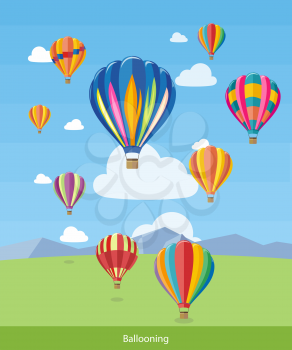 Colorful hot air balloons flying over the mountain. Icons of traveling, planning summer vacation, tourism and journey objects. Web banners, marketing and promotional materials, presentation templates 
