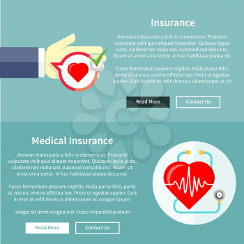 Medical and health insurance concept in flat style on banners with text and buttons read more and contact us. Can be used for web banners, marketing and promotional materials, presentation templates 