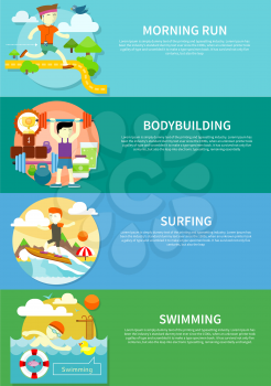 Man surfer on blue ocean wave in tube getting barreled in flat design. Young man swimming front crawl in pool. Happy young man on morning run. Man beginner bodybuilder. Bodybuilding concept on banners