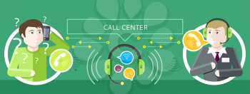 Professions concept of call centre operator with headset and client asks question. In the middle headset and speech bubbles on green background. Client services and communication. Individual approach