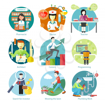 Set of circle colorful icons with different professions in trendy flat style. Teacher, doctor, architect, pharmatist, investor.  Template elements for web and mobile applications