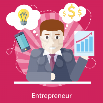 Entrepreneur sitting at table and working on freelance project on the stylish colored background. Activity field of freelancer. Flat design cartoon style for web design, analytics, graphic design 