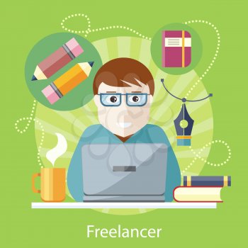 Freelancer, copywriter, journalist writing at the computer on the stylish colored background. Activity field of freelancer. Flat design cartoon style for web design, analytics, graphic design 