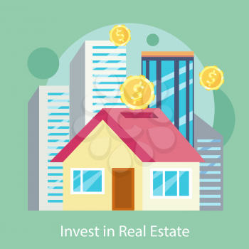 Invest in Real Estate. Built houses, offices and apartments. Flat design on the stylish colored background. For web construction, applications, banners, corporate brochures, book covers, layouts etc