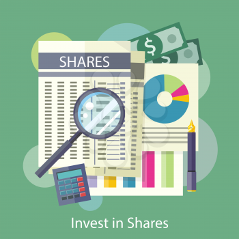 Invest in Shares. Tables, reports, charts of share price. Detailed analysis through a magnifying glass. Flat design on the stylish colored background. For banners, brochures, book covers, layouts etc