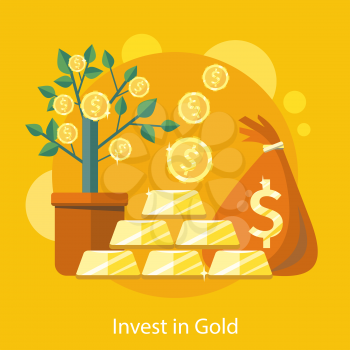 Investments in Gold. Dollar tree grows in pot and bag of money.  Investments idea icon in flat design on the stylish background with coins and gold bullion. For web design, graphic design  