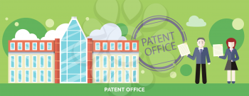 Patent office concept in flat design. Attorneys patent agents man and woman holding certificates of invention. For web banners, promotional materials, presentation templates