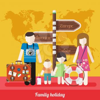 Happy family trip traveling. Parents with their children going for vacations around the world Europe, America, Asia. Concept in flat design on background with world map. Family holiday