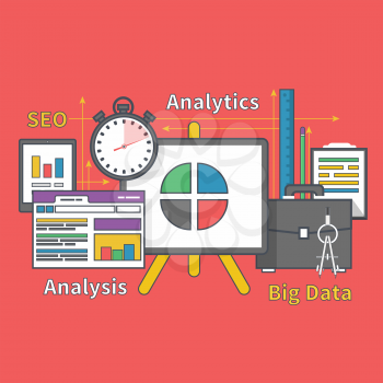 Stand with charts and parameters. Business concept of analyticsr. Analysis big data seo. Can be used for web banners, marketing and promotional materials, presentation templates 