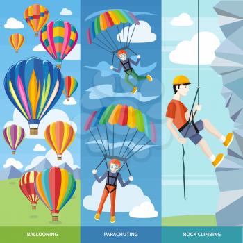 Happy peoples plans with parachute. Man doing rock climbing. Colorful hot air balloons flying over the mountain. Icons of traveling, planning summer vacation, tourism and journey objects