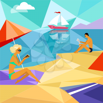 Summer beach people. Relaxation holiday, sunbathing and leisure, girl body. Man and woman on the beach reading a book and newspaper near the yacht sails. Triangle mosaic geometric style